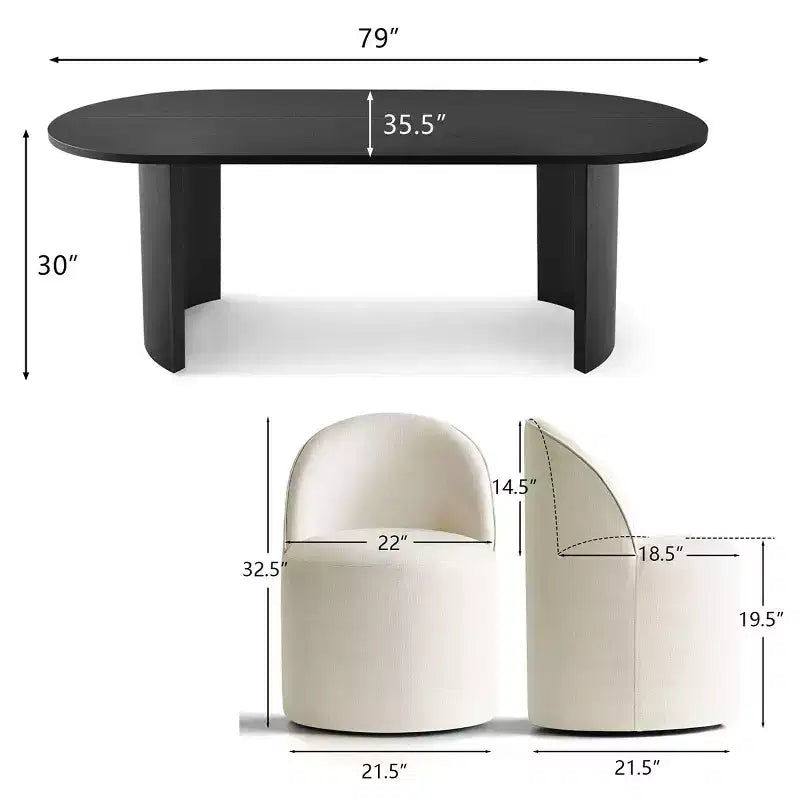 Dining Table Set for 6, Oval 79 Table and Linen Fabric Upholstered Barrel Chairs with Casters, for the Dining Room-Panipeachy