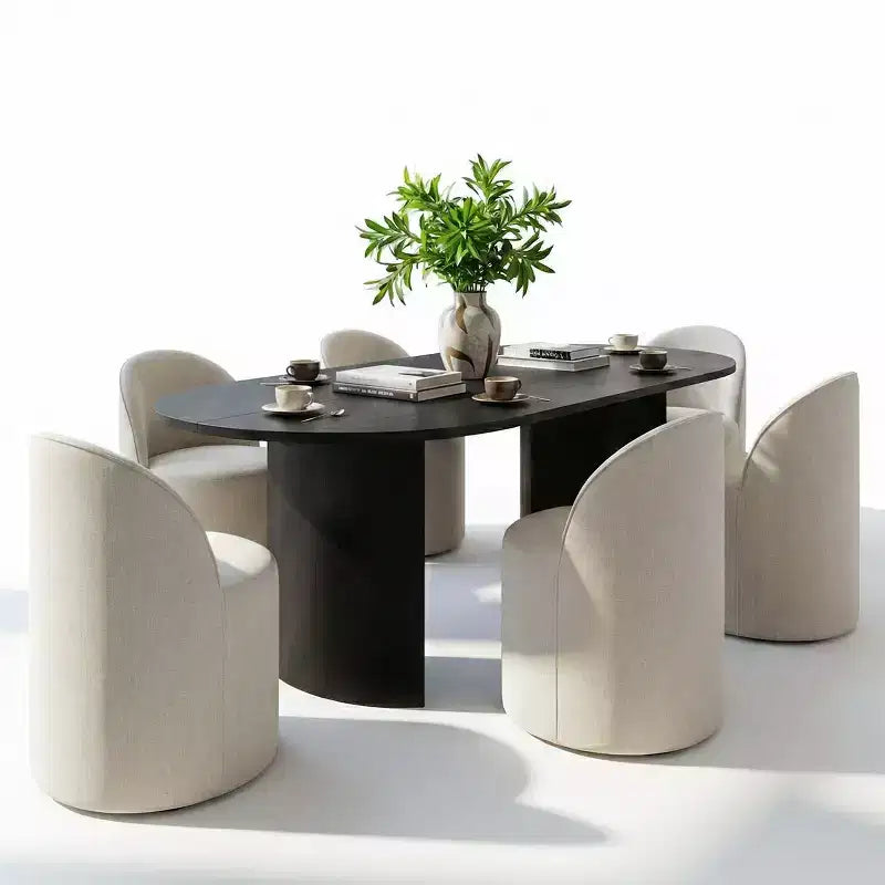 Dining Table Set for 6, Oval 79 Table and Linen Fabric Upholstered Barrel Chairs with Casters, for the Dining Room-Panipeachy