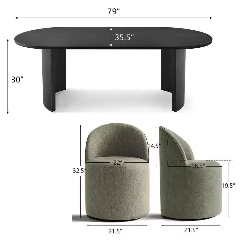 Dining Table Set for 6, Oval 79 Table and Linen Fabric Upholstered Barrel Chairs with Casters, for the Dining Room-Panipeachy