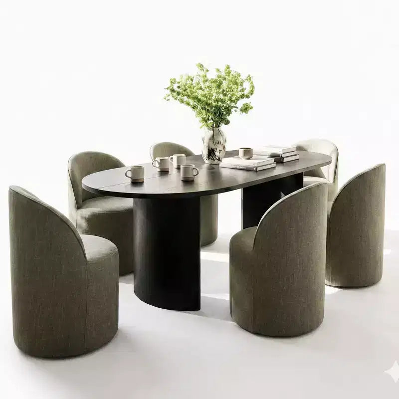 Dining Table Set for 6, Oval 79 Table and Linen Fabric Upholstered Barrel Chairs with Casters, for the Dining Room-Panipeachy