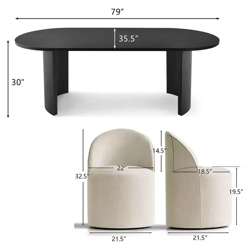 Dining Table Set for 6, Oval 79 Table and Linen Fabric Upholstered Barrel Chairs with Casters, for the Dining Room-Panipeachy