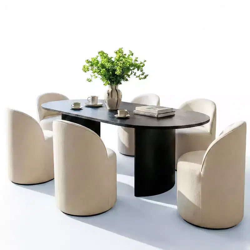 Dining Table Set for 6, Oval 79 Table and Linen Fabric Upholstered Barrel Chairs with Casters, for the Dining Room-Panipeachy
