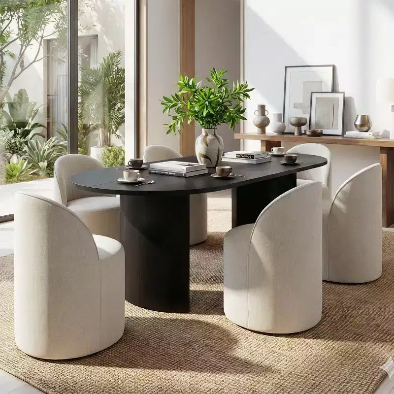 Ensemble Table à Manger pour 6 personnes, Table Ovale 79 et Chaises Tonneau Rembourrées en Tissu Lin avec Roulettes, pour la Salle à Manger-Panipeachy