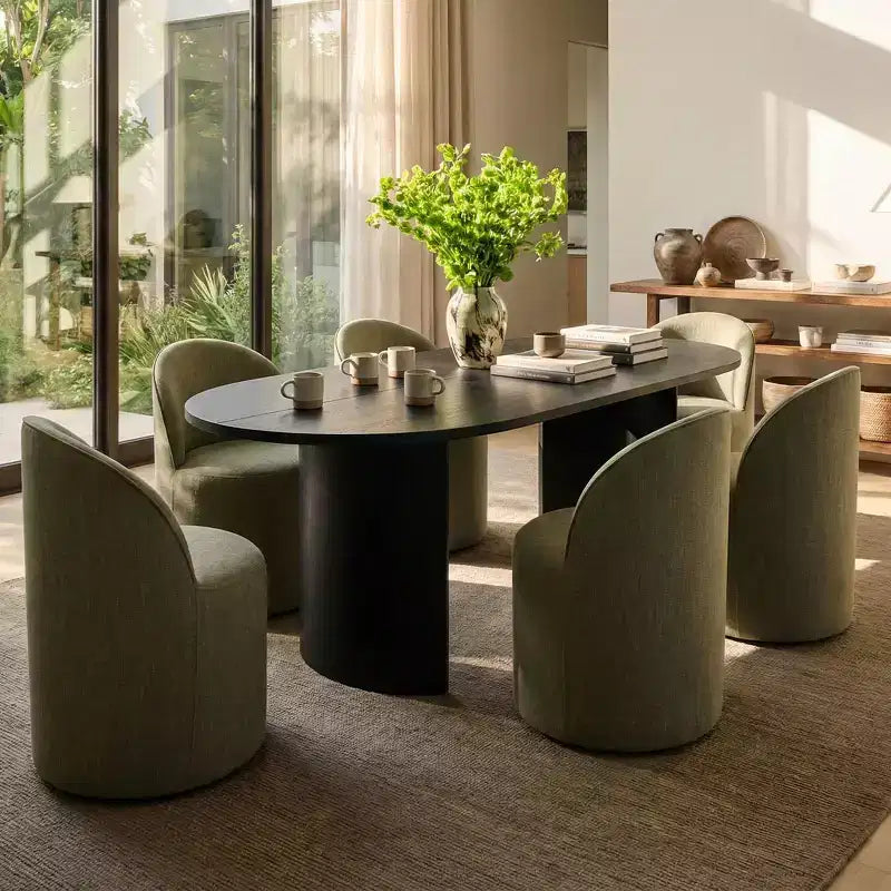 Ensemble Table à Manger pour 6 personnes, Table Ovale 79 et Chaises Tonneau Rembourrées en Tissu Lin avec Roulettes, pour la Salle à Manger-Panipeachy