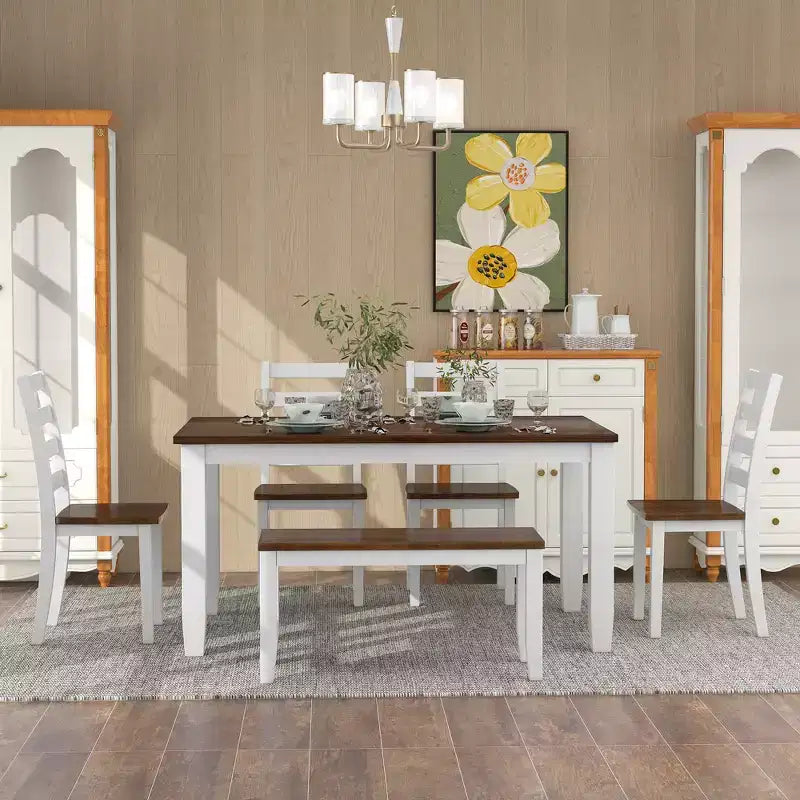 6 Pieces Wood Dining Room Table Set for 6, Rectangle Dining Table with 4 Upholstered Chairs and Bench