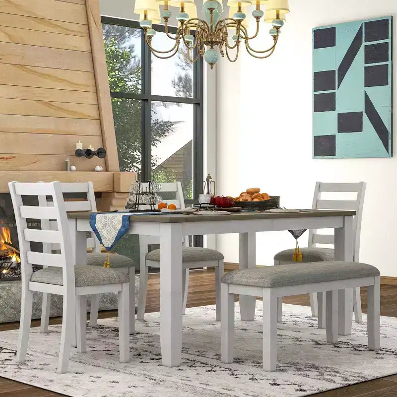 6 Pieces Wood Dining Room Table Set for 6, Rectangle Dining Table with 4 Upholstered Chairs and Bench