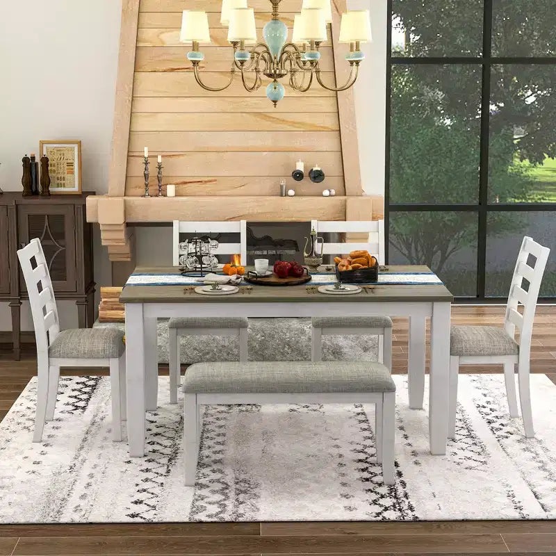 6 Pieces Wood Dining Room Table Set for 6, Rectangle Dining Table with 4 Upholstered Chairs and Bench
