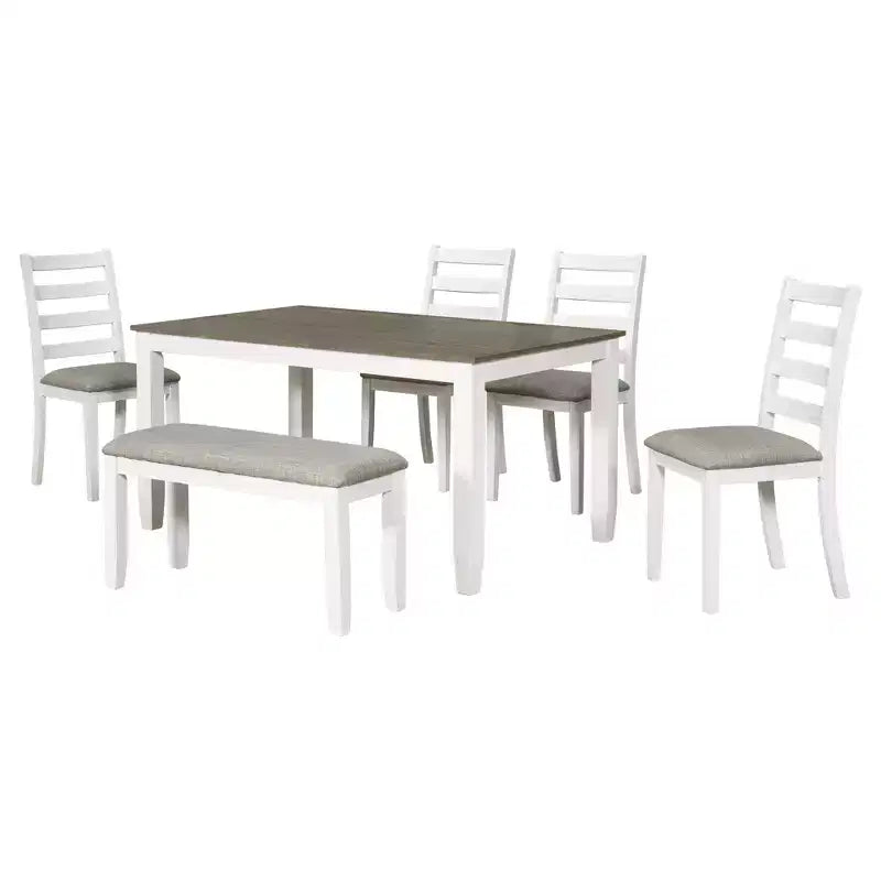 6 Pieces Wood Dining Room Table Set for 6, Rectangle Dining Table with 4 Upholstered Chairs and Bench