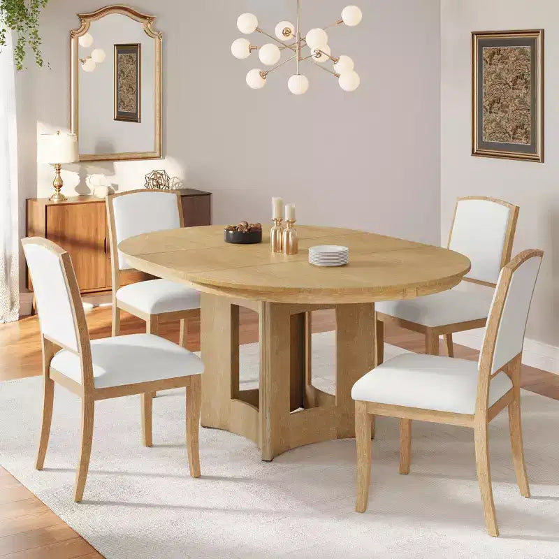 Ensemble de salle à manger ferme avec table ronde extensible pour 4 personnes, ensemble de table de cuisine 5 pièces avec rallonge amovible et 4 chaises rembourrées