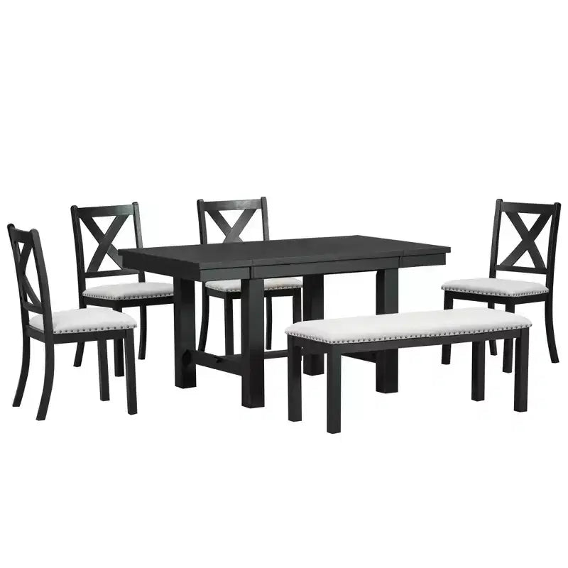 Farmhouse Extendable Dining Table Set for 6, Solid Wood Rectangular Kitchen Table Set with Removable Leaf, 4 Upholstered Chairs and Bench