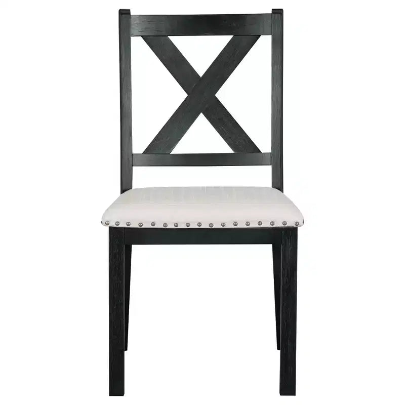 Farmhouse Extendable Dining Table Set for 6, Solid Wood Rectangular Kitchen Table Set with Removable Leaf, 4 Upholstered Chairs and Bench