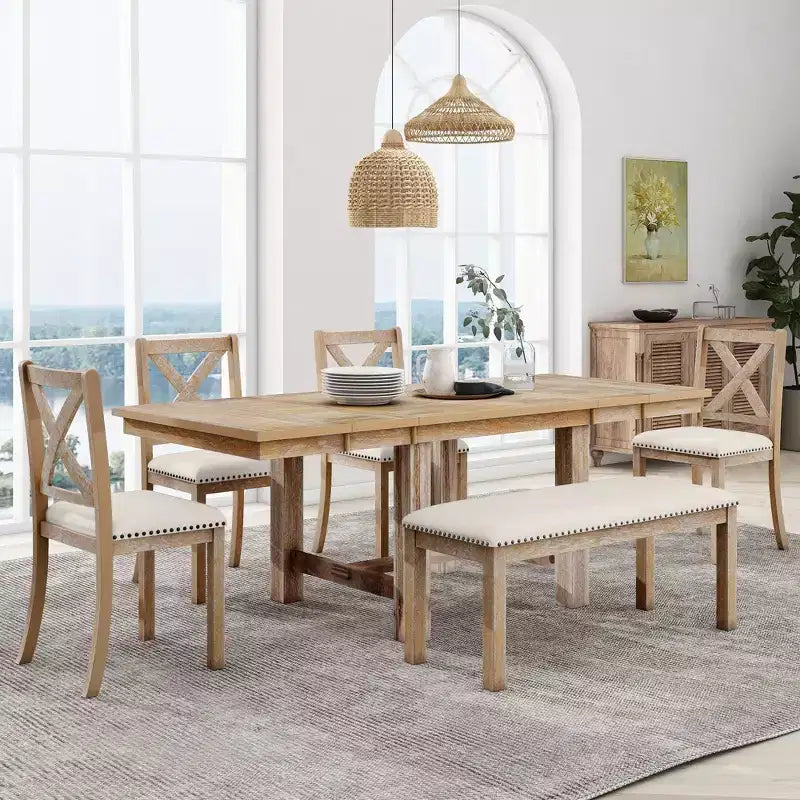 Farmhouse Extendable Dining Table Set for 6, Solid Wood Rectangular Kitchen Table Set with Removable Leaf, 4 Upholstered Chairs and Bench