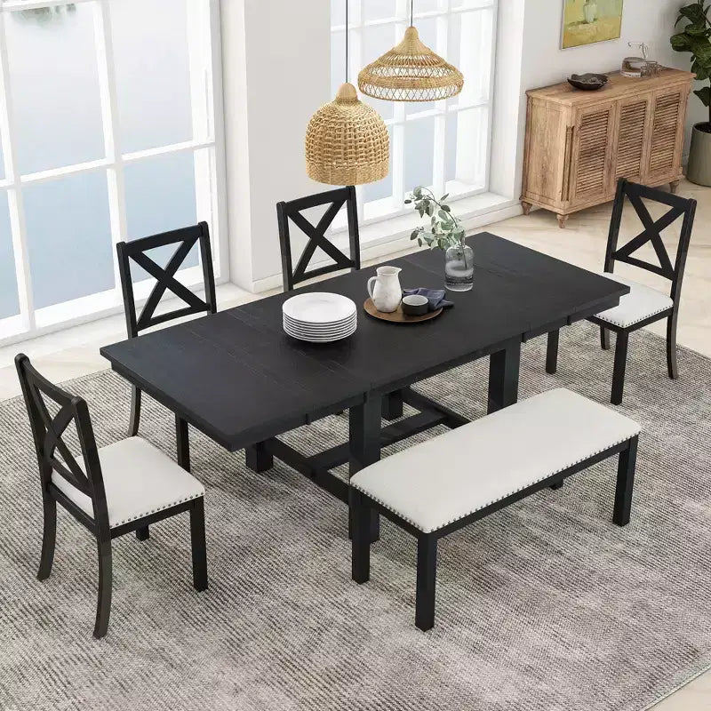 Farmhouse Extendable Dining Table Set for 6, Solid Wood Rectangular Kitchen Table Set with Removable Leaf, 4 Upholstered Chairs and Bench