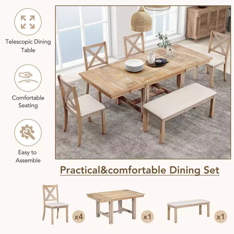 Farmhouse Extendable Dining Table Set for 6, Solid Wood Rectangular Kitchen Table Set with Removable Leaf, 4 Upholstered Chairs and Bench