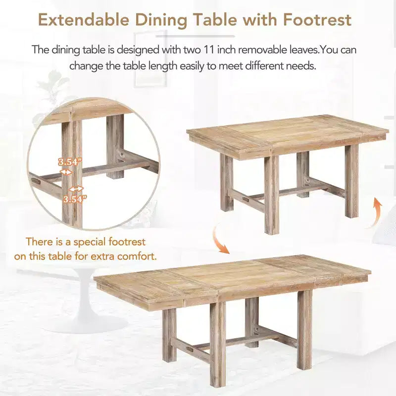 Farmhouse Extendable Dining Table Set for 6, Solid Wood Rectangular Kitchen Table Set with Removable Leaf, 4 Upholstered Chairs and Bench