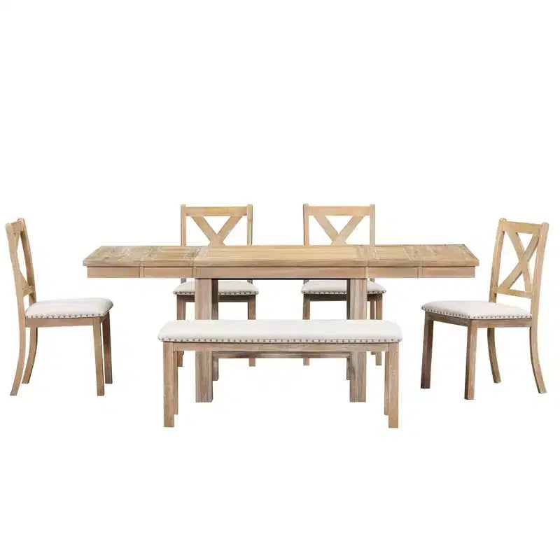 Farmhouse Extendable Dining Table Set for 6, Solid Wood Rectangular Kitchen Table Set with Removable Leaf, 4 Upholstered Chairs and Bench
