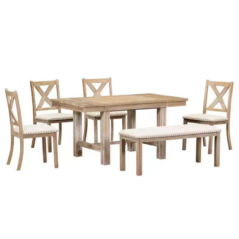 Farmhouse Extendable Dining Table Set for 6, Solid Wood Rectangular Kitchen Table Set with Removable Leaf, 4 Upholstered Chairs and Bench