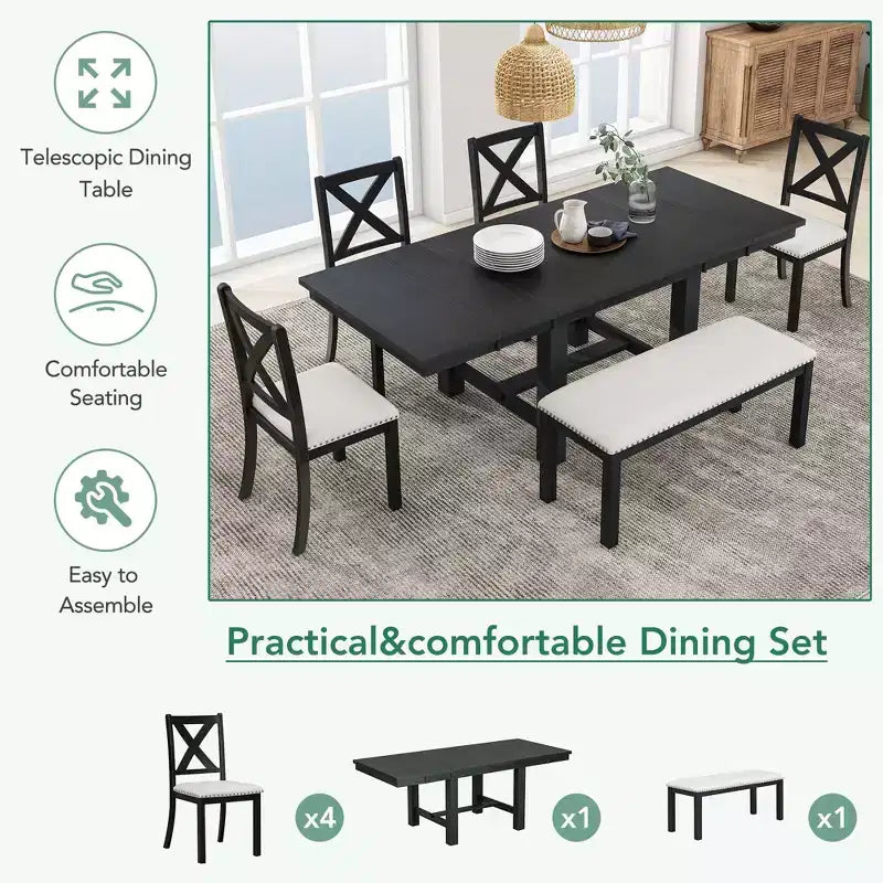Farmhouse Extendable Dining Table Set for 6, Solid Wood Rectangular Kitchen Table Set with Removable Leaf, 4 Upholstered Chairs and Bench