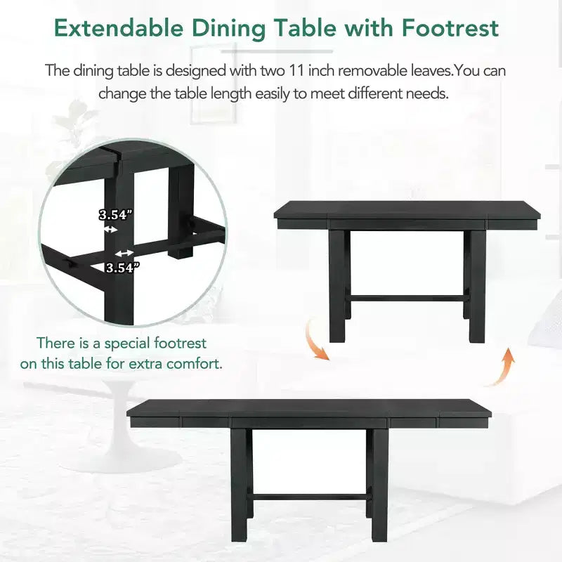 Farmhouse Extendable Dining Table Set for 6, Solid Wood Rectangular Kitchen Table Set with Removable Leaf, 4 Upholstered Chairs and Bench
