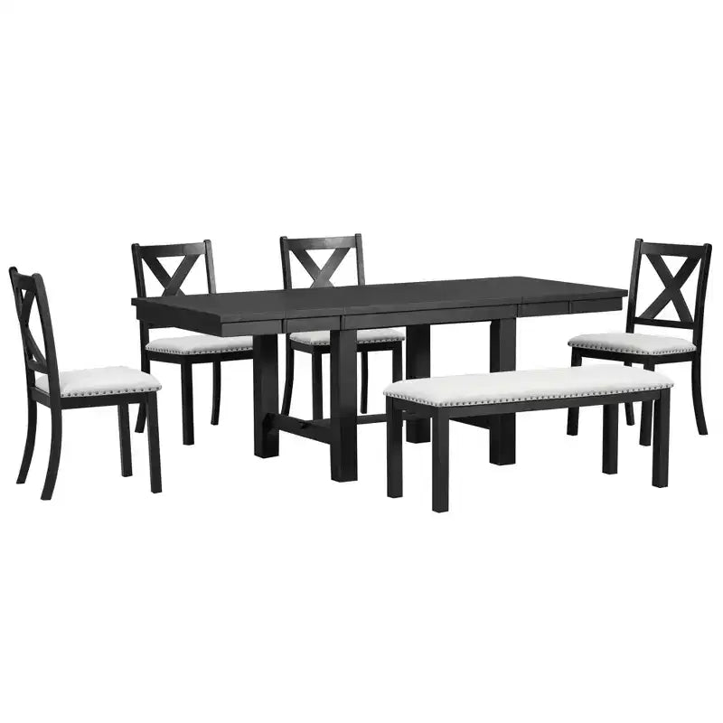 Farmhouse Extendable Dining Table Set for 6, Solid Wood Rectangular Kitchen Table Set with Removable Leaf, 4 Upholstered Chairs and Bench