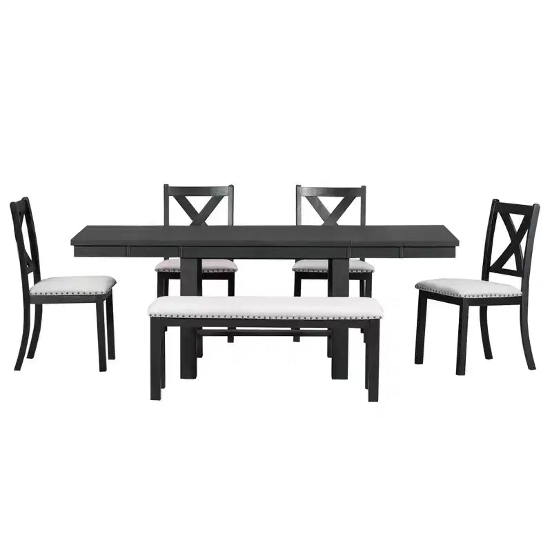 Farmhouse Extendable Dining Table Set for 6, Solid Wood Rectangular Kitchen Table Set with Removable Leaf, 4 Upholstered Chairs and Bench