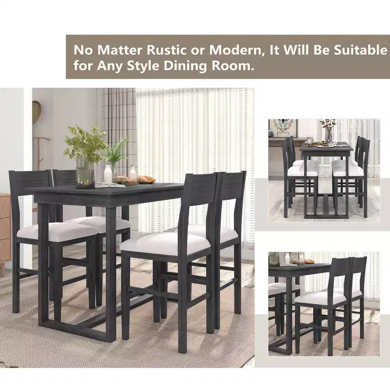 5 Pieces Counter Height Dining Set for 4, Farmhouse Wooden Bar Table Set with 4 Upholstered Chairs for Small Places