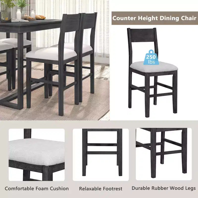 5 Pieces Counter Height Dining Set for 4, Farmhouse Wooden Bar Table Set with 4 Upholstered Chairs for Small Places