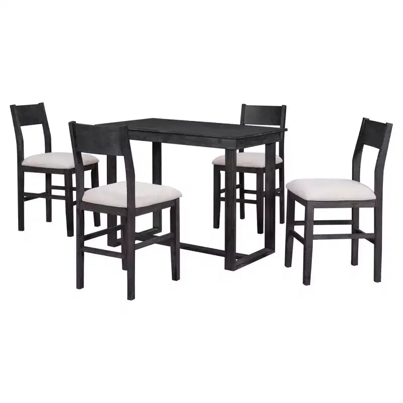 5 Pieces Counter Height Dining Set for 4, Farmhouse Wooden Bar Table Set with 4 Upholstered Chairs for Small Places