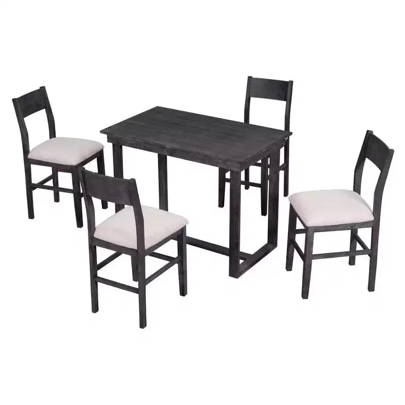5 Pieces Counter Height Dining Set for 4, Farmhouse Wooden Bar Table Set with 4 Upholstered Chairs for Small Places