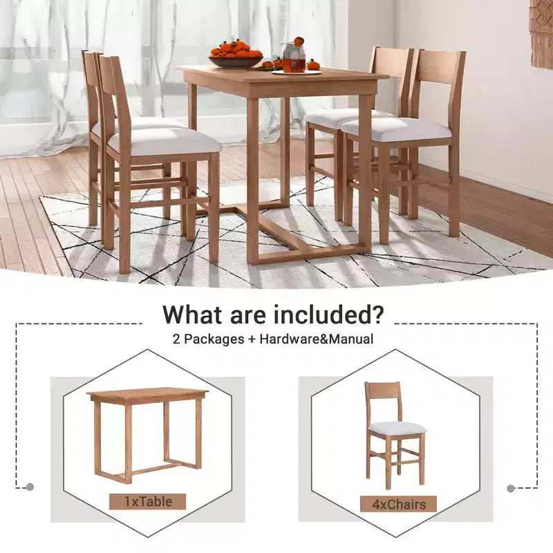 5 Pieces Counter Height Dining Set for 4, Farmhouse Wooden Bar Table Set with 4 Upholstered Chairs for Small Places