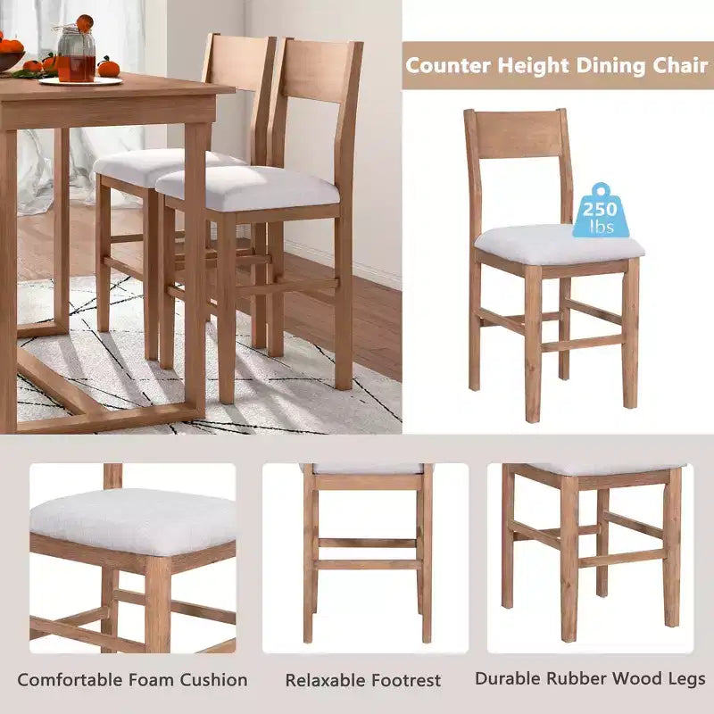 5 Pieces Counter Height Dining Set for 4, Farmhouse Wooden Bar Table Set with 4 Upholstered Chairs for Small Places