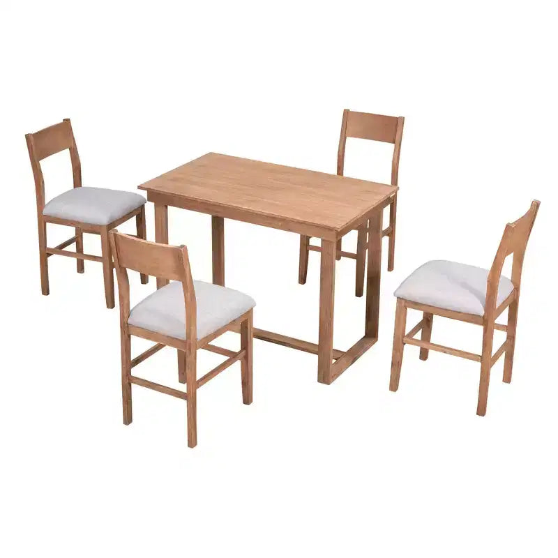 5 Pieces Counter Height Dining Set for 4, Farmhouse Wooden Bar Table Set with 4 Upholstered Chairs for Small Places