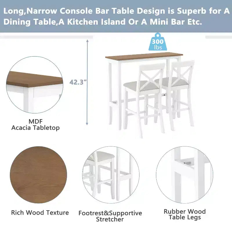 3 Pieces Wood Bar Height Dining Table Set, Farmhouse Rectangle Kitchen Breakfast Nook with 2 Chairs for Small Places