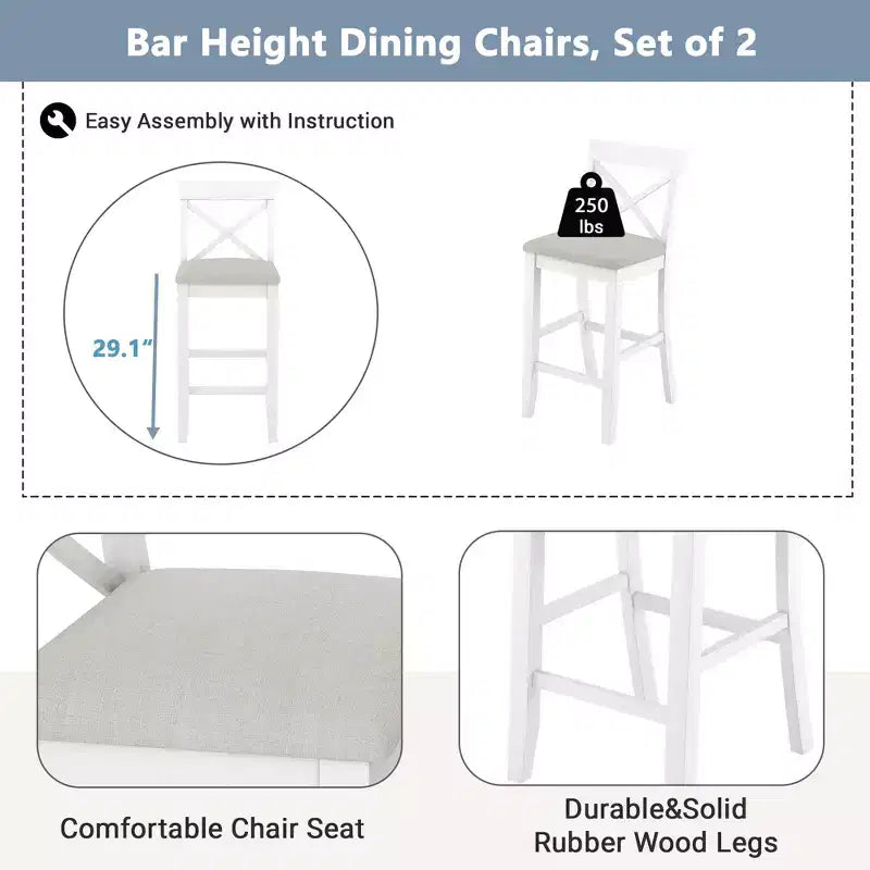 3 Pieces Wood Bar Height Dining Table Set, Farmhouse Rectangle Kitchen Breakfast Nook with 2 Chairs for Small Places