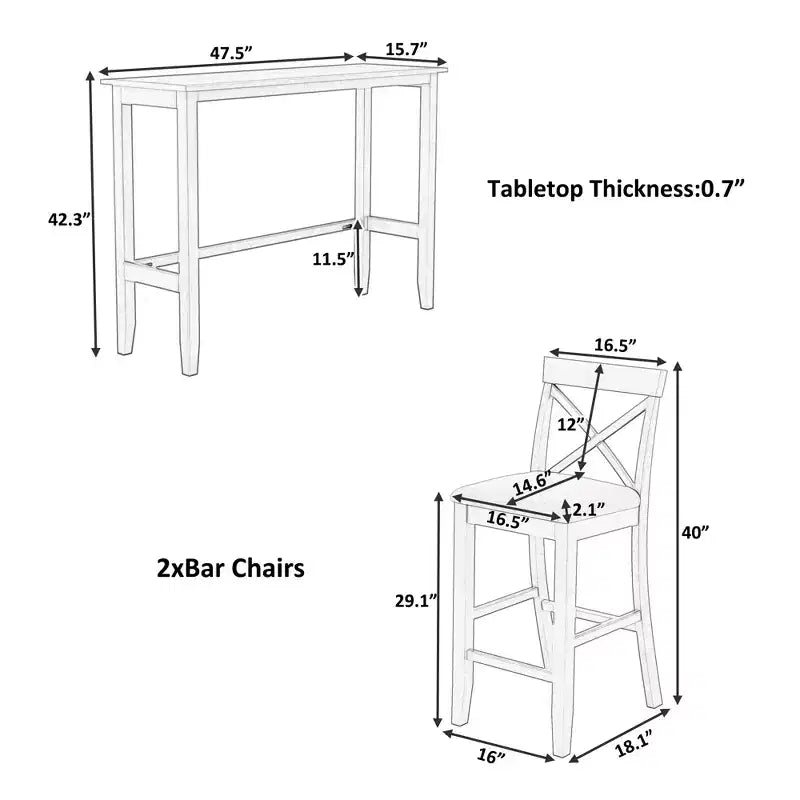 3 Pieces Wood Bar Height Dining Table Set, Farmhouse Rectangle Kitchen Breakfast Nook with 2 Chairs for Small Places