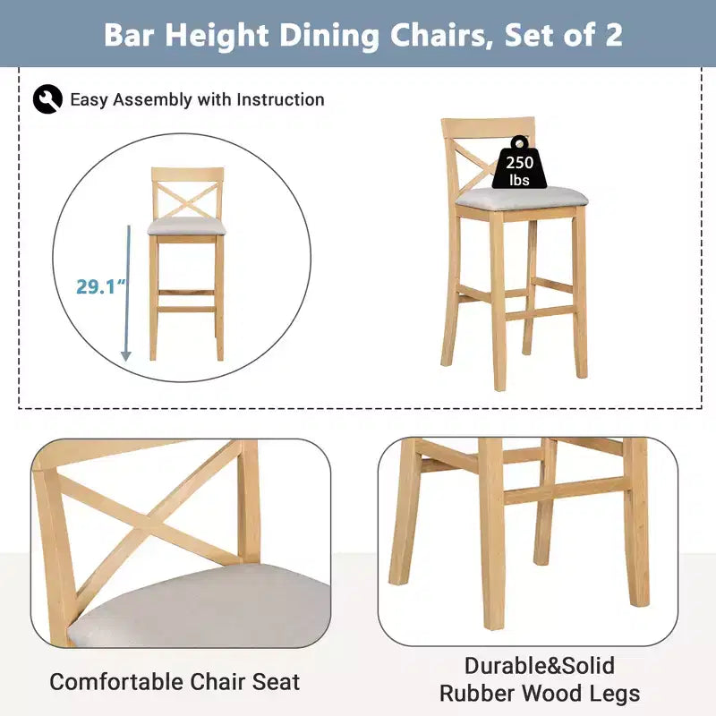 3 Pieces Wood Bar Height Dining Table Set, Farmhouse Rectangle Kitchen Breakfast Nook with 2 Chairs for Small Places