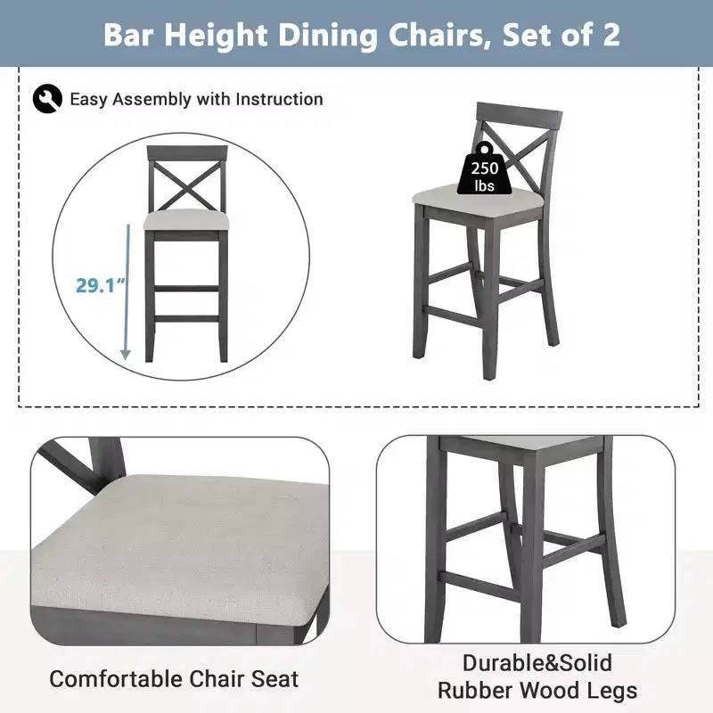 3 Pieces Wood Bar Height Dining Table Set, Farmhouse Rectangle Kitchen Breakfast Nook with 2 Chairs for Small Places