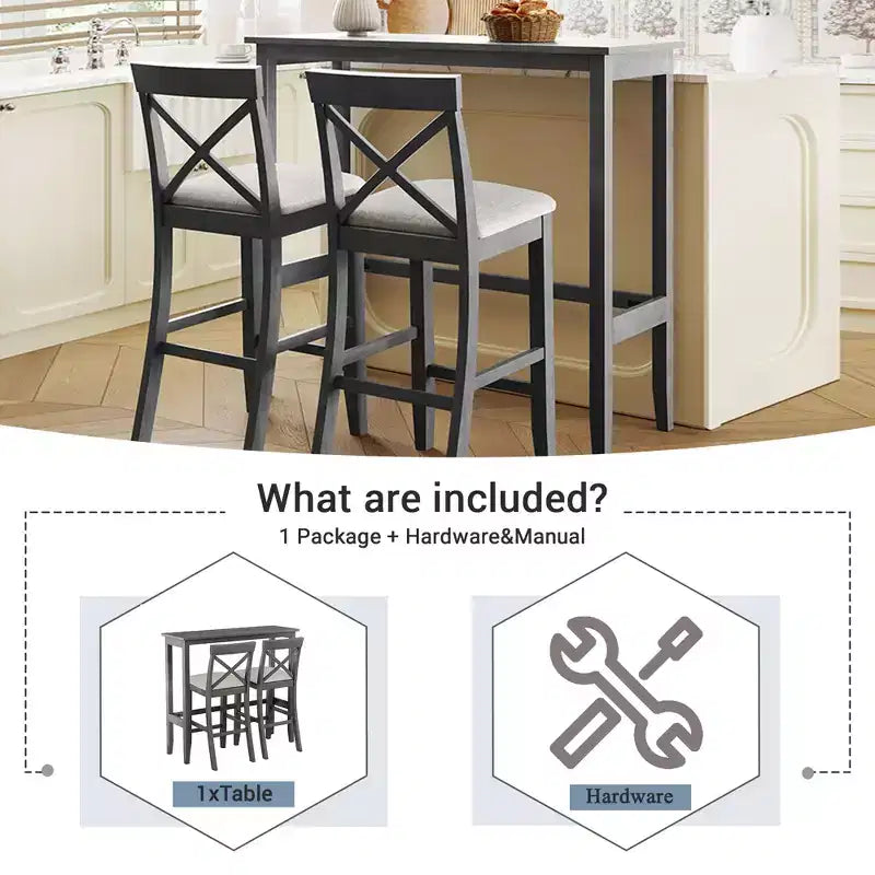 3 Pieces Wood Bar Height Dining Table Set, Farmhouse Rectangle Kitchen Breakfast Nook with 2 Chairs for Small Places