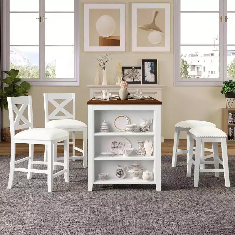 Ensemble de salle à manger à hauteur de comptoir pour 4 personnes, table de bar en bois avec étagère de rangement et 2 tabourets et 2 chaises pour petits espaces