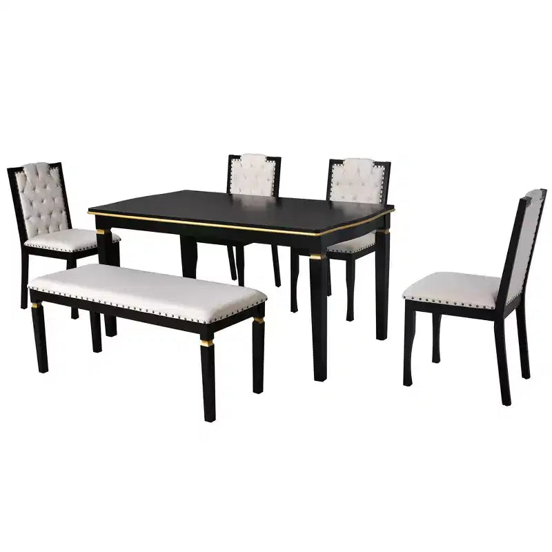 Retro 6 Pieces Kitchen Dining Table Set, Rectangular Table and 4 High-Back Tufted Chairs & Bench, Wood Dining Room Table Set for 6