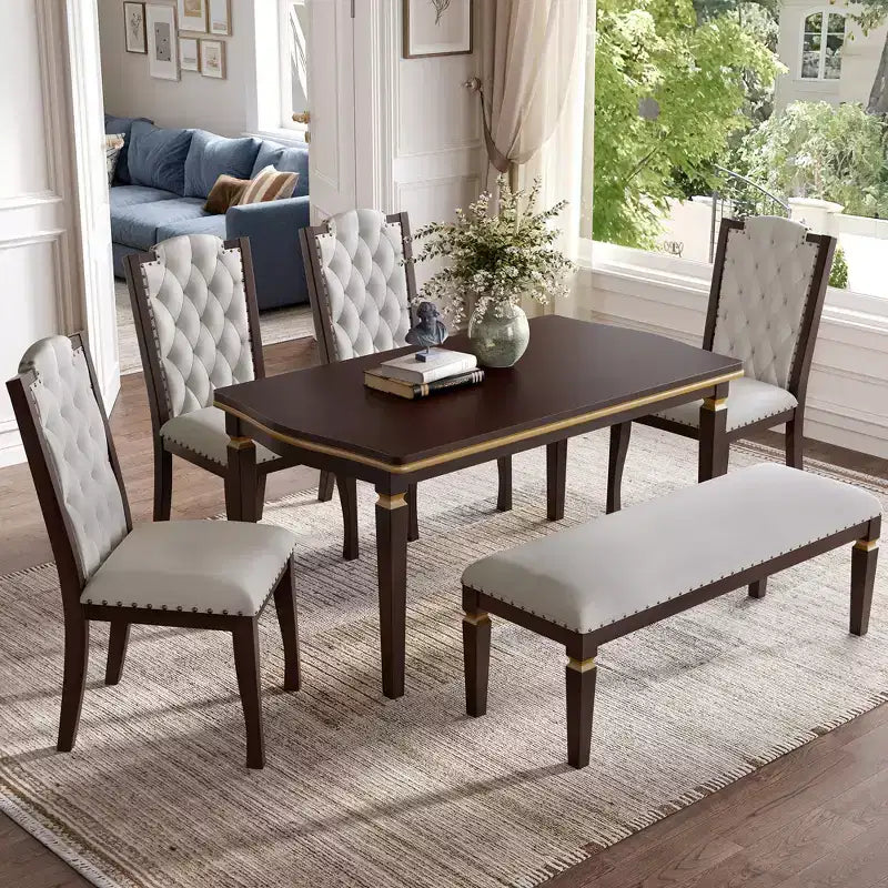 Retro 6 Pieces Kitchen Dining Table Set, Rectangular Table and 4 High-Back Tufted Chairs & Bench, Wood Dining Room Table Set for 6