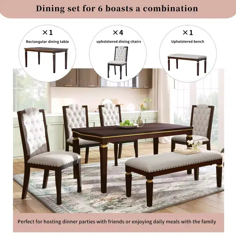 Retro 6 Pieces Kitchen Dining Table Set, Rectangular Table and 4 High-Back Tufted Chairs & Bench, Wood Dining Room Table Set for 6