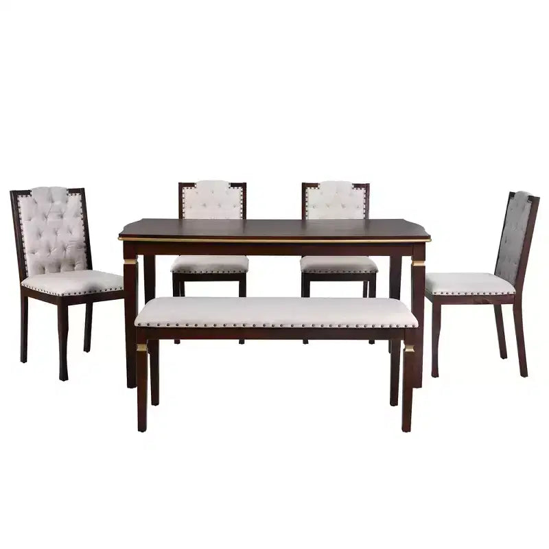 Retro 6 Pieces Kitchen Dining Table Set, Rectangular Table and 4 High-Back Tufted Chairs & Bench, Wood Dining Room Table Set for 6