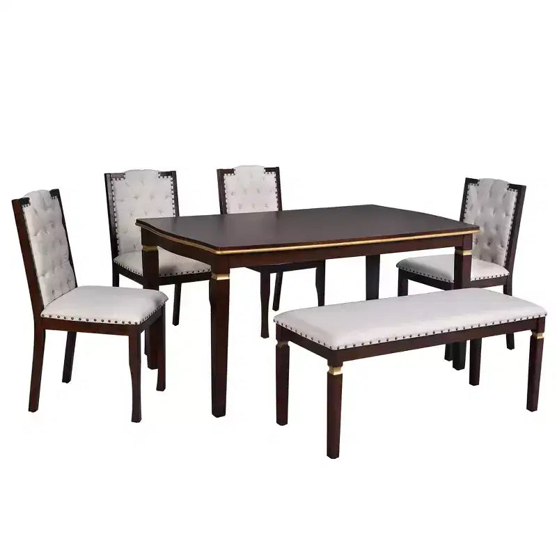 Retro 6 Pieces Kitchen Dining Table Set, Rectangular Table and 4 High-Back Tufted Chairs & Bench, Wood Dining Room Table Set for 6