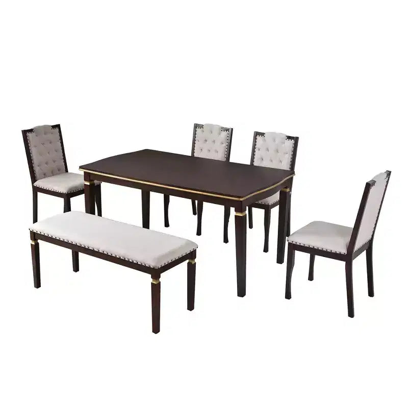 Retro 6 Pieces Kitchen Dining Table Set, Rectangular Table and 4 High-Back Tufted Chairs & Bench, Wood Dining Room Table Set for 6
