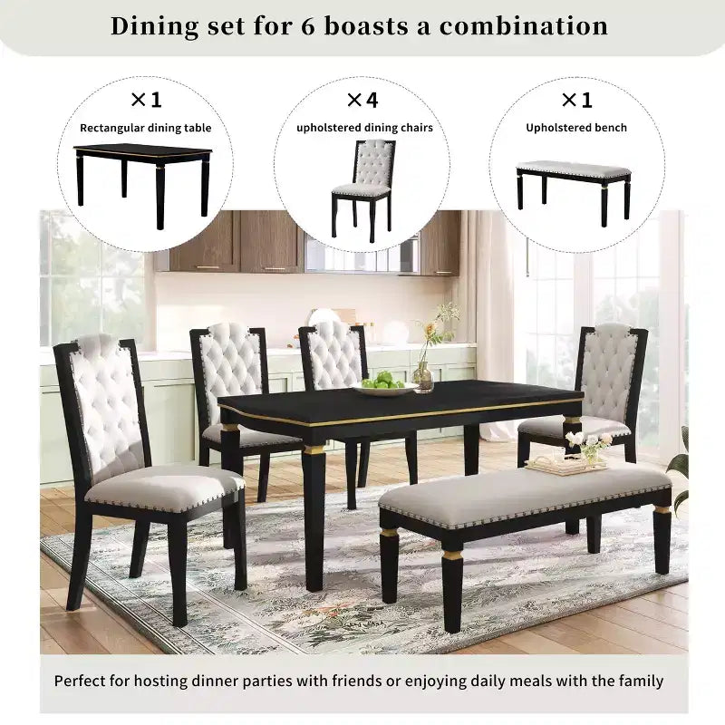 Retro 6 Pieces Kitchen Dining Table Set, Rectangular Table and 4 High-Back Tufted Chairs & Bench, Wood Dining Room Table Set for 6