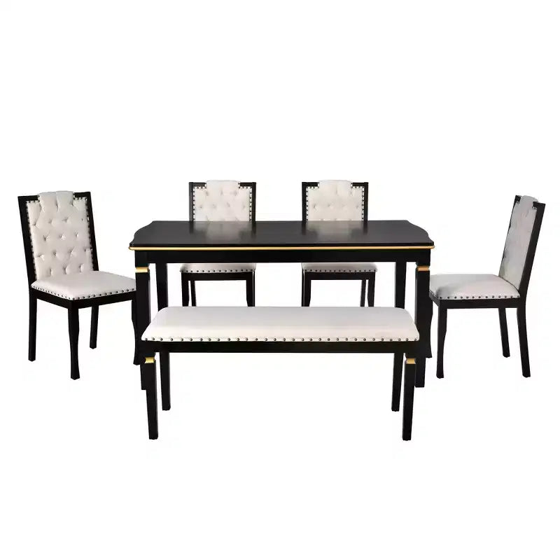 Retro 6 Pieces Kitchen Dining Table Set, Rectangular Table and 4 High-Back Tufted Chairs & Bench, Wood Dining Room Table Set for 6