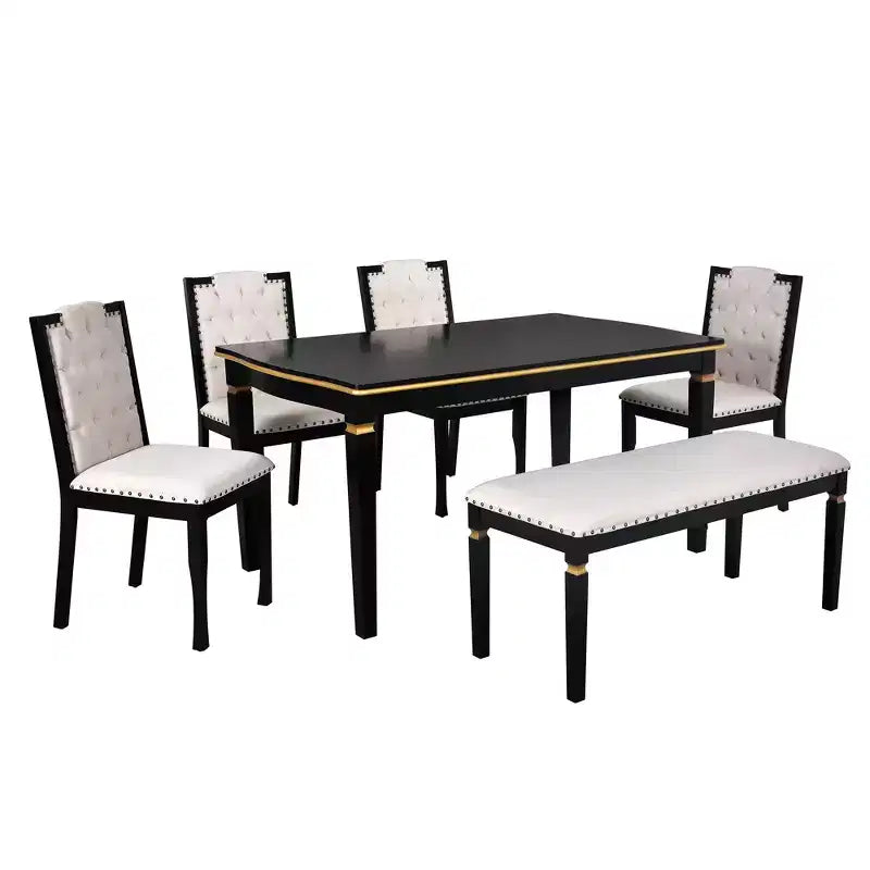 Retro 6 Pieces Kitchen Dining Table Set, Rectangular Table and 4 High-Back Tufted Chairs & Bench, Wood Dining Room Table Set for 6