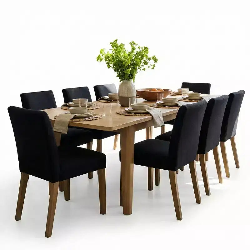 Expandable Dining Table Set for 8, Rectangular Table with Removable Leaves and Armless Linen Chairs, Featuring Solid Wood Legs-Panipeachy