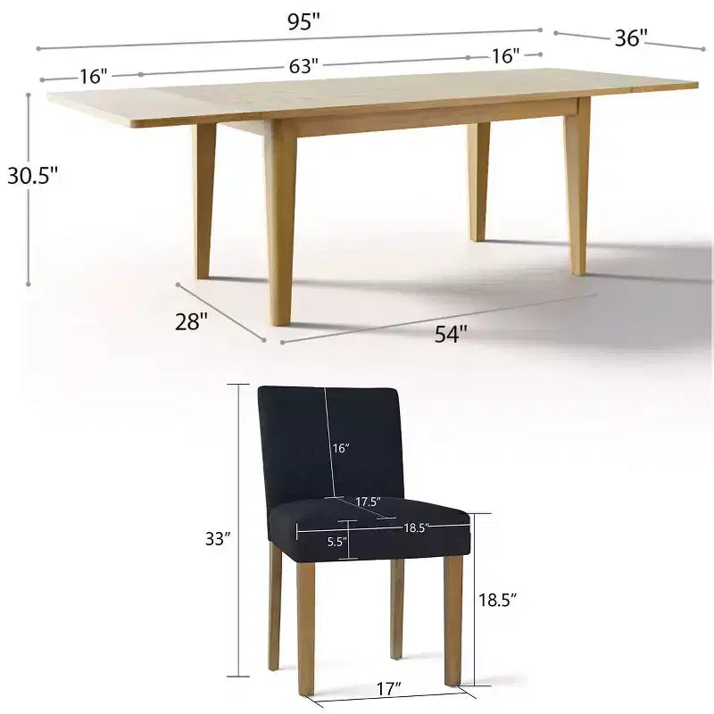 Expandable Dining Table Set for 8, Rectangular Table with Removable Leaves and Armless Linen Chairs, Featuring Solid Wood Legs-Panipeachy